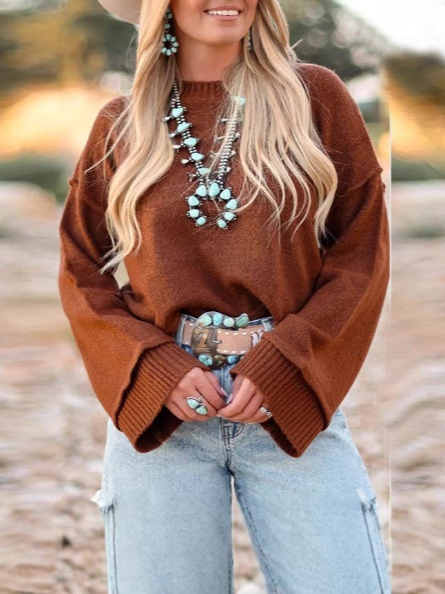 Brown Western Cowboy flare sleeve knit sweater