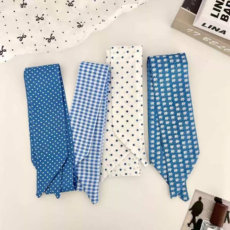 LIGHT BLUE Vintage-Style Skinny Twilly Scarf-Polka Dot&Gingham