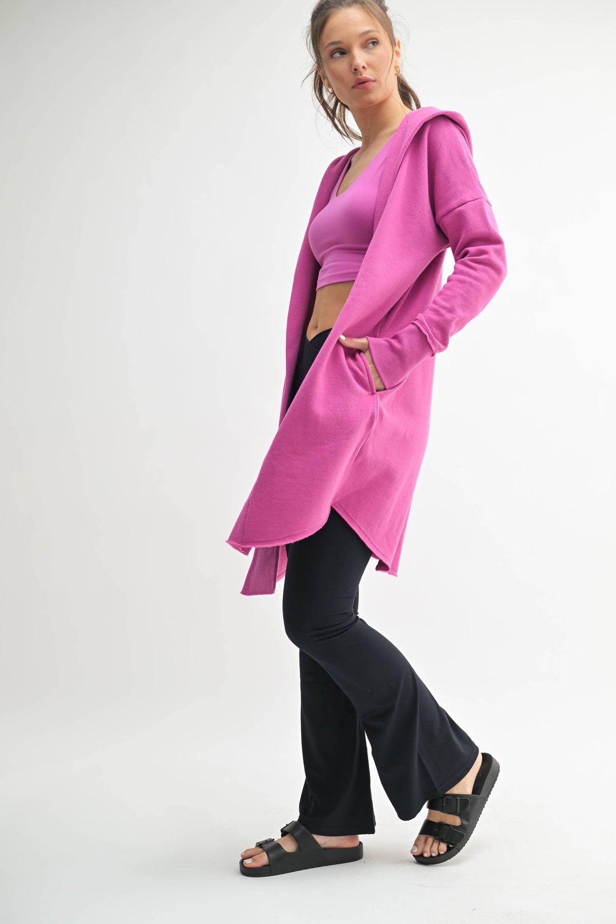 Pink Open Front Longline Hoodie Cardigan