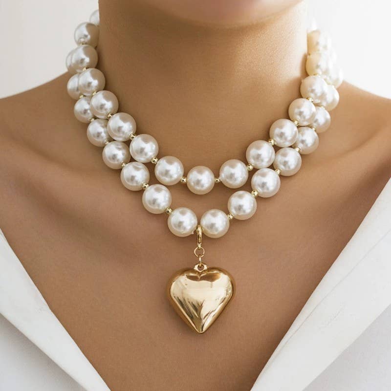 Chunky Pearl beaded Gold Heart Layered Necklace