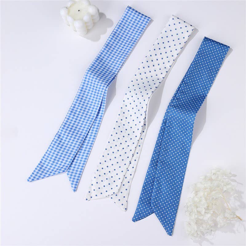 BLUE Vintage-Style Skinny Twilly Scarf-Polka Dot&Gingham