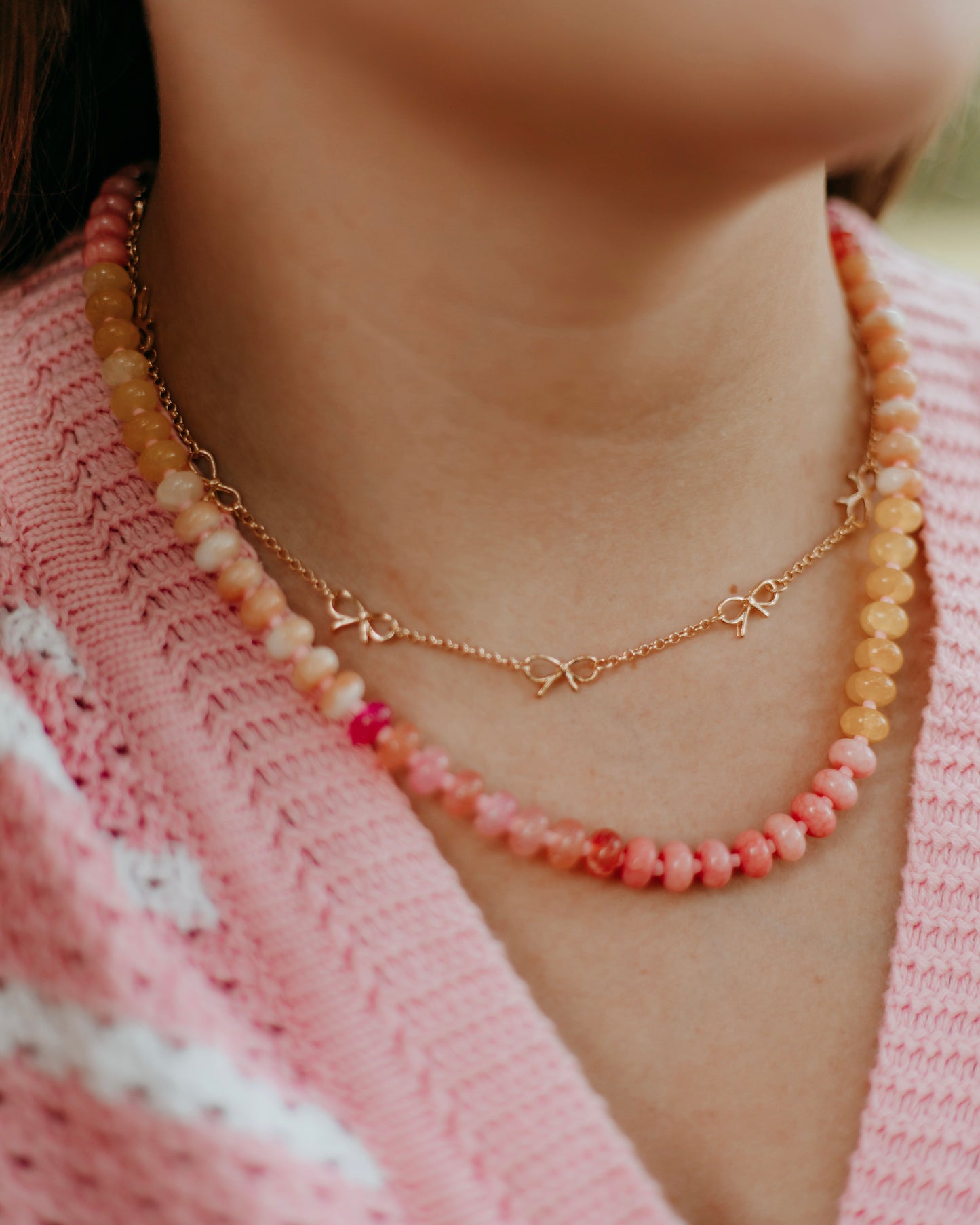Pink and Orange Stone Semi-Precious Glass Mixed Necklace
