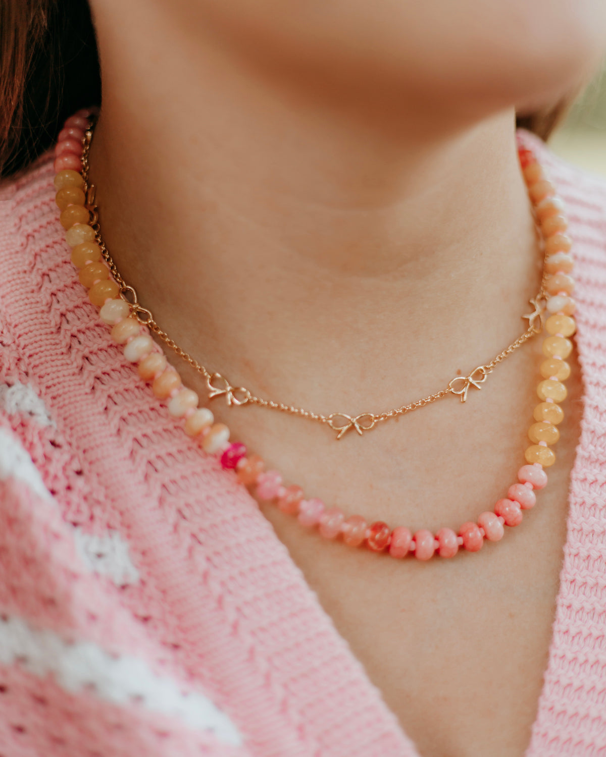 Pink and Orange Stone Semi-Precious Glass Mixed Necklace