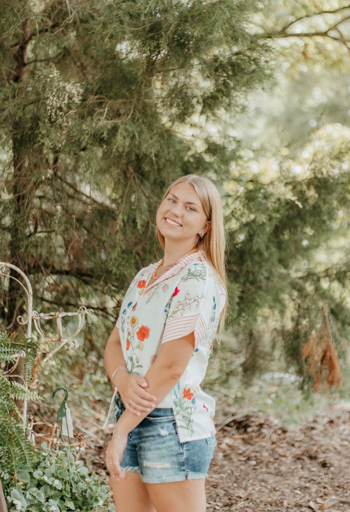 Floral Striped Button Top