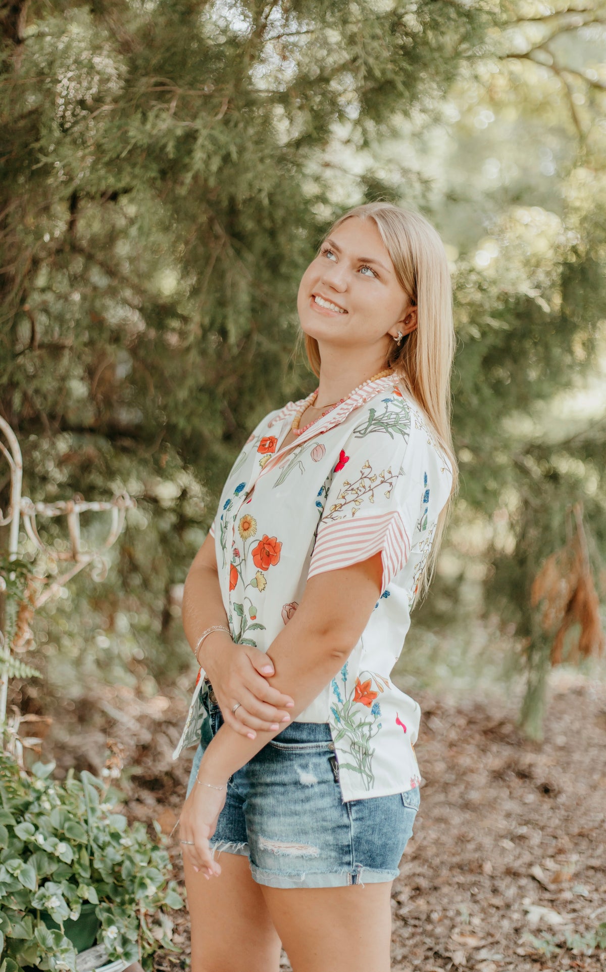 Floral Striped Button Top