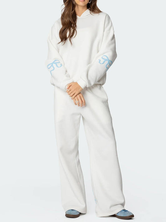 White Casual Bow Print Set