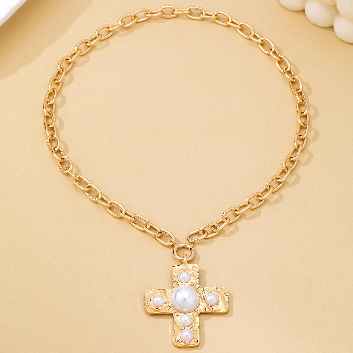 Cross Pearl Necklace Gold