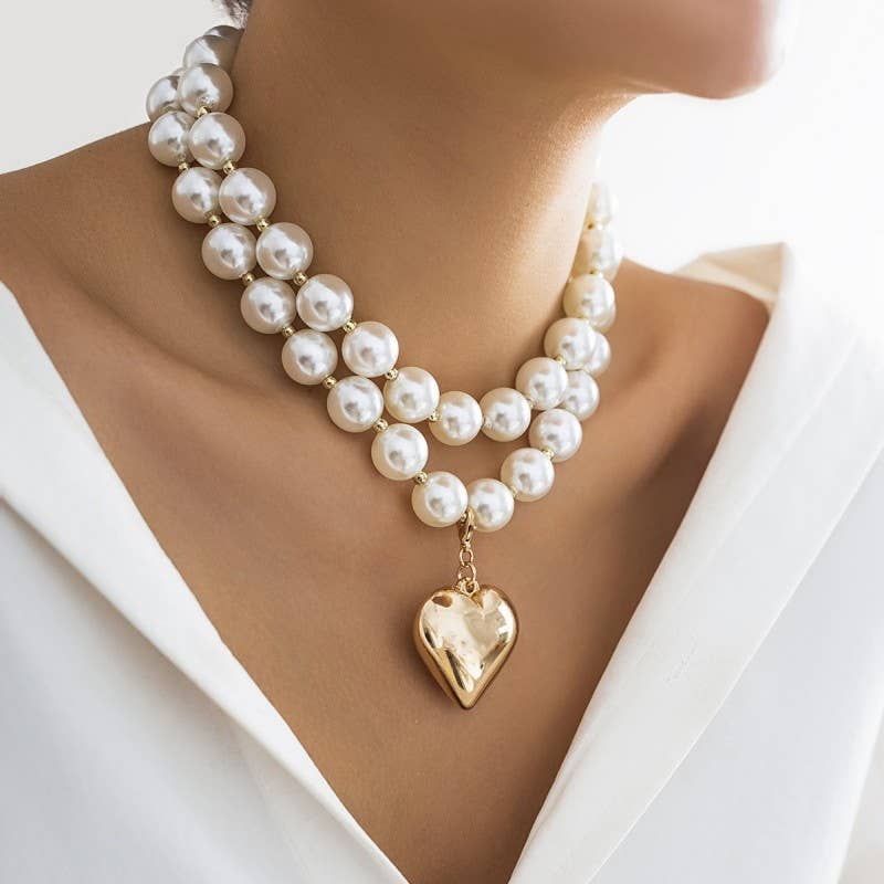 Chunky Pearl beaded Gold Heart Layered Necklace