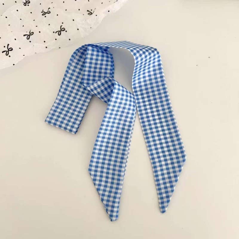 LIGHT BLUE Vintage-Style Skinny Twilly Scarf-Polka Dot&Gingham