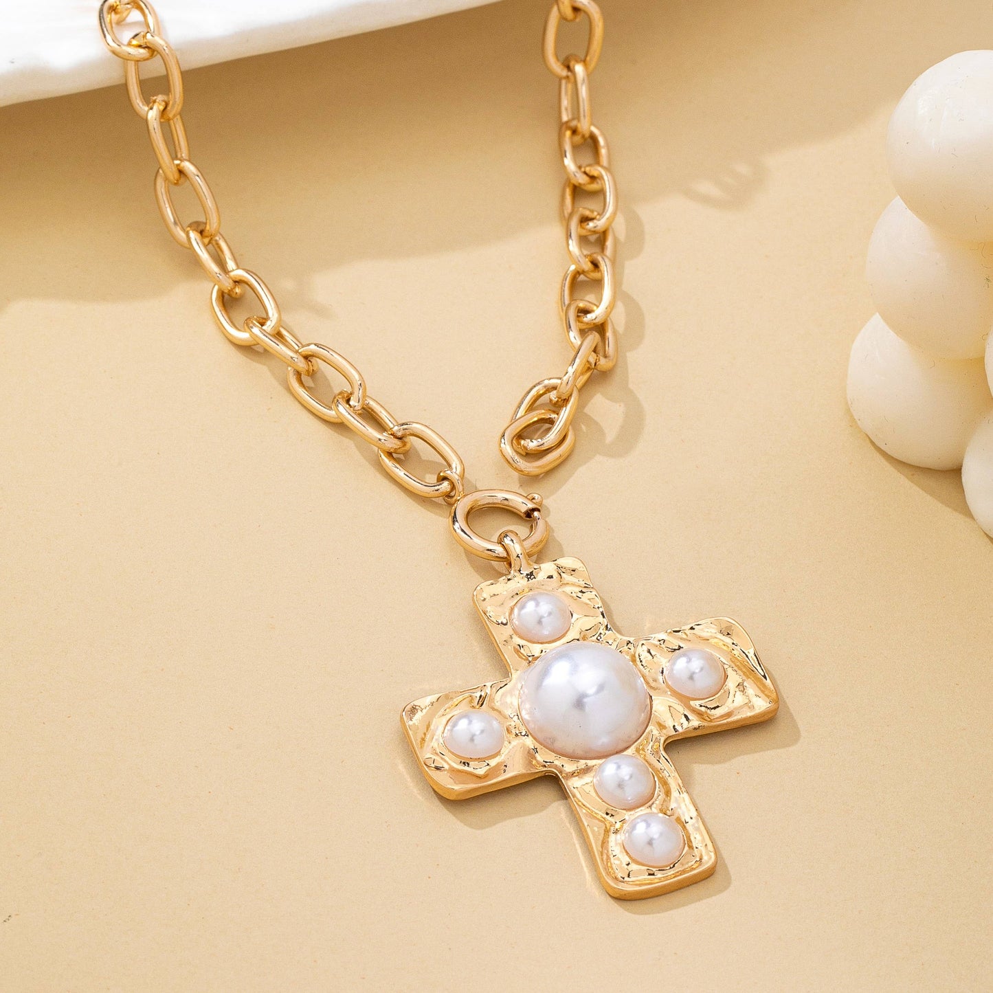Cross Pearl Necklace Gold