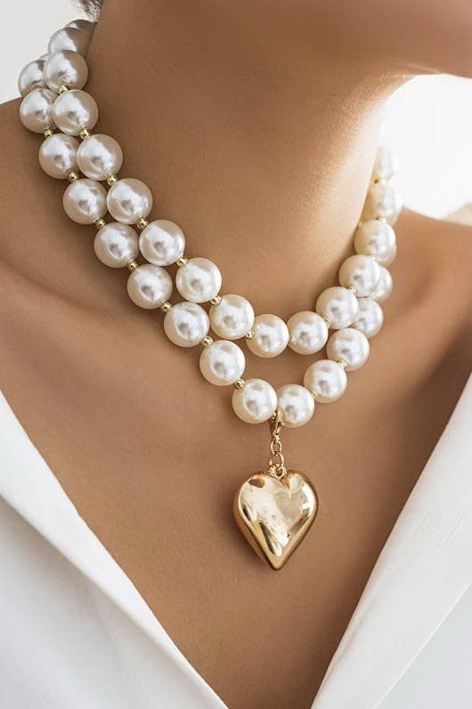 Chunky Pearl beaded Gold Heart Layered Necklace