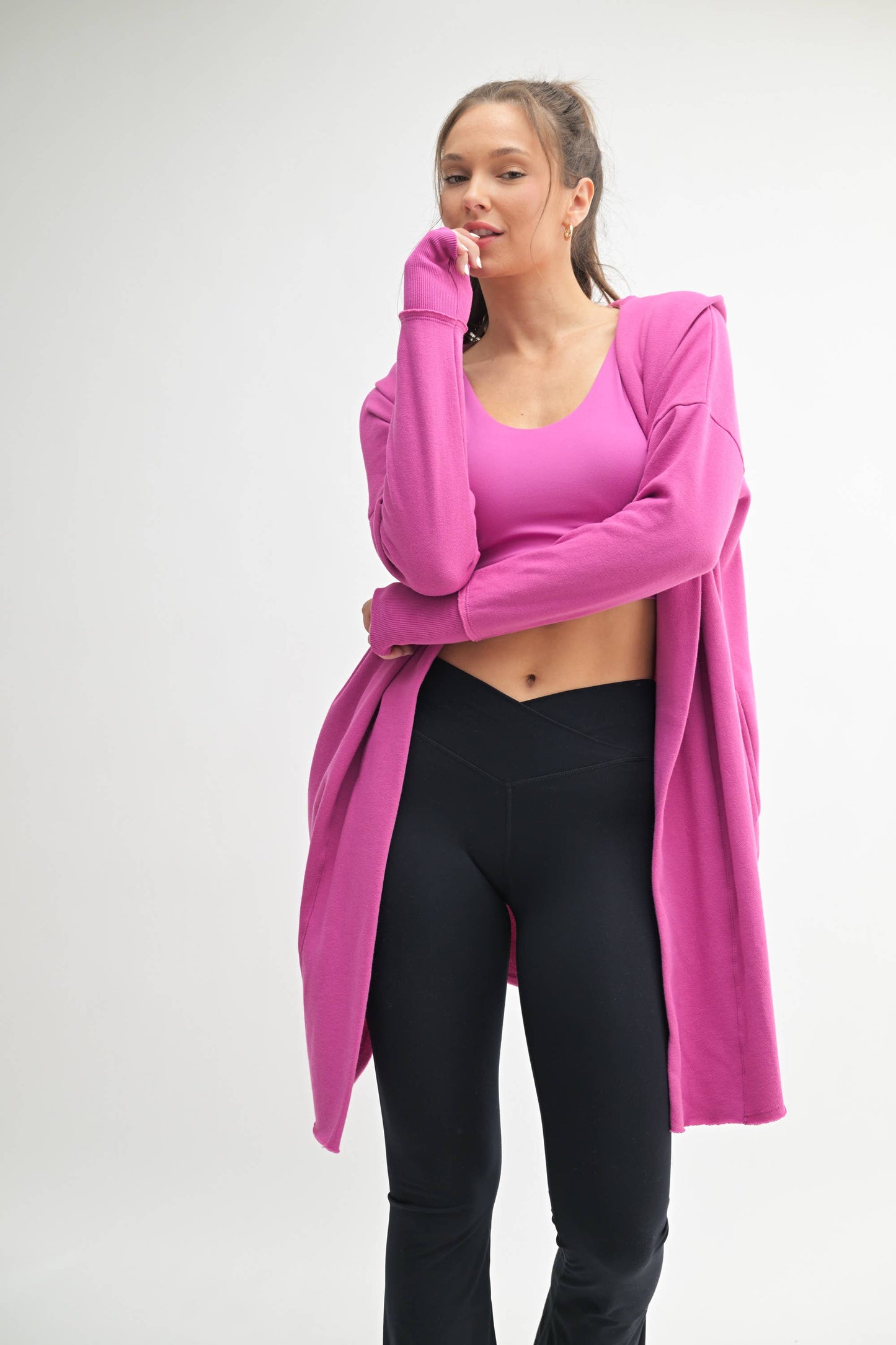 Pink Open Front Longline Hoodie Cardigan