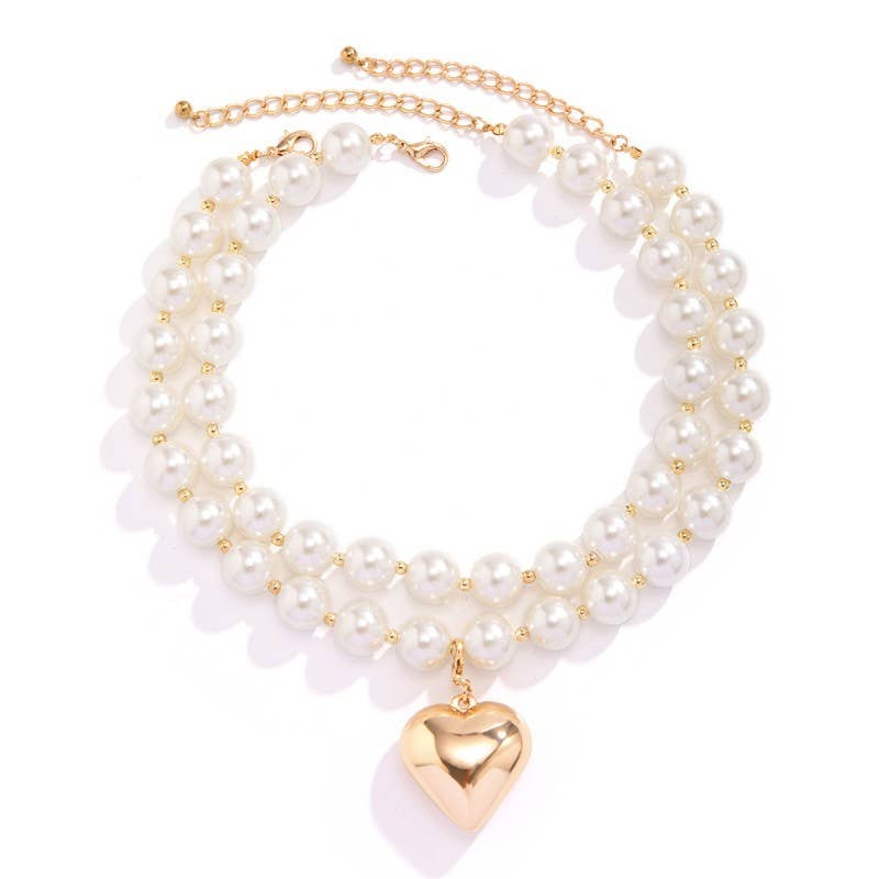 Chunky Pearl beaded Gold Heart Layered Necklace